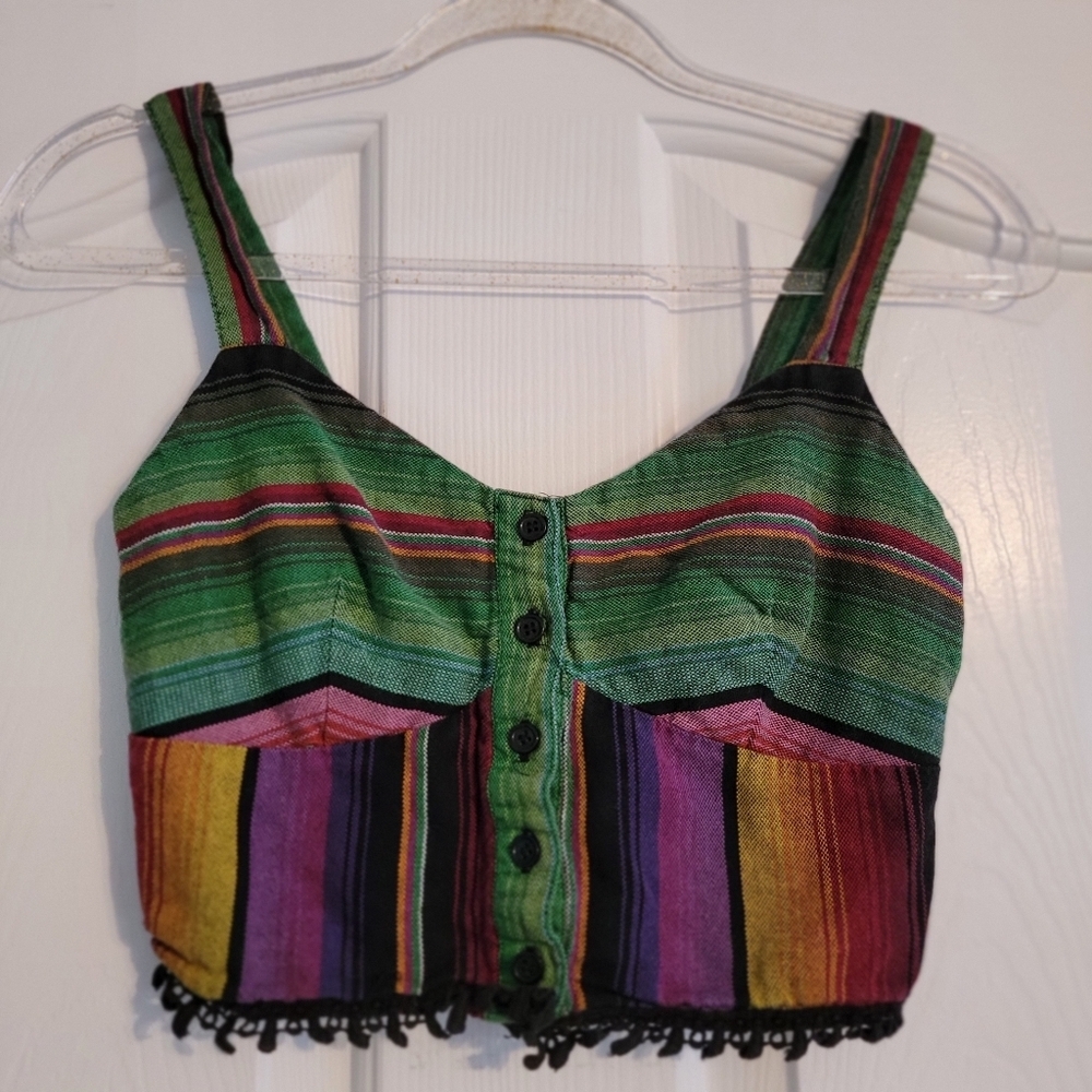 Mimi Chica Green Purple Multicolor Striped Cropped Tank with Fringe